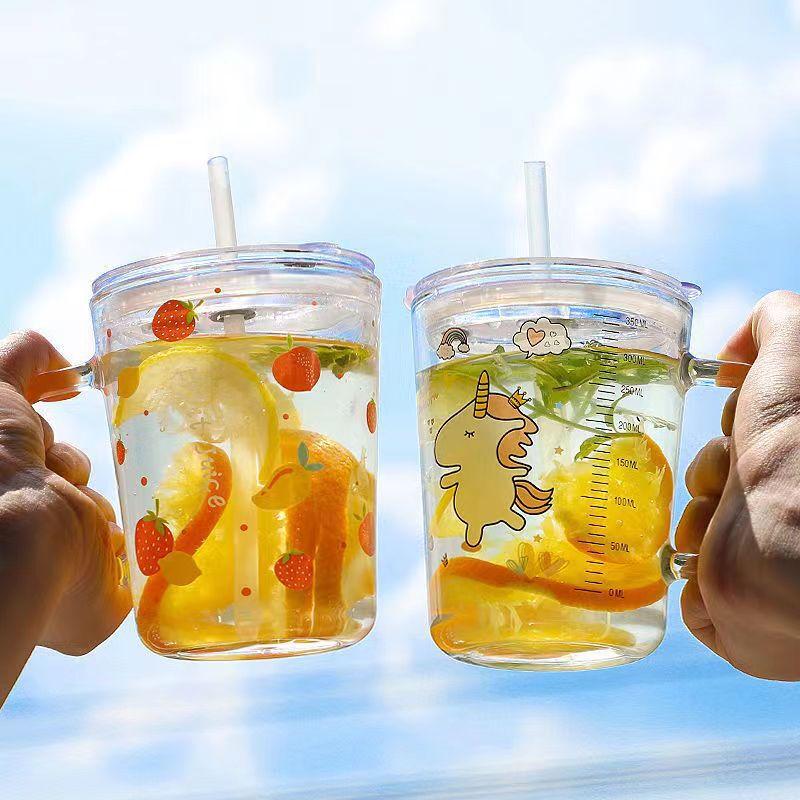 Children's Cartoon Glass Straw Water Cup with Handle