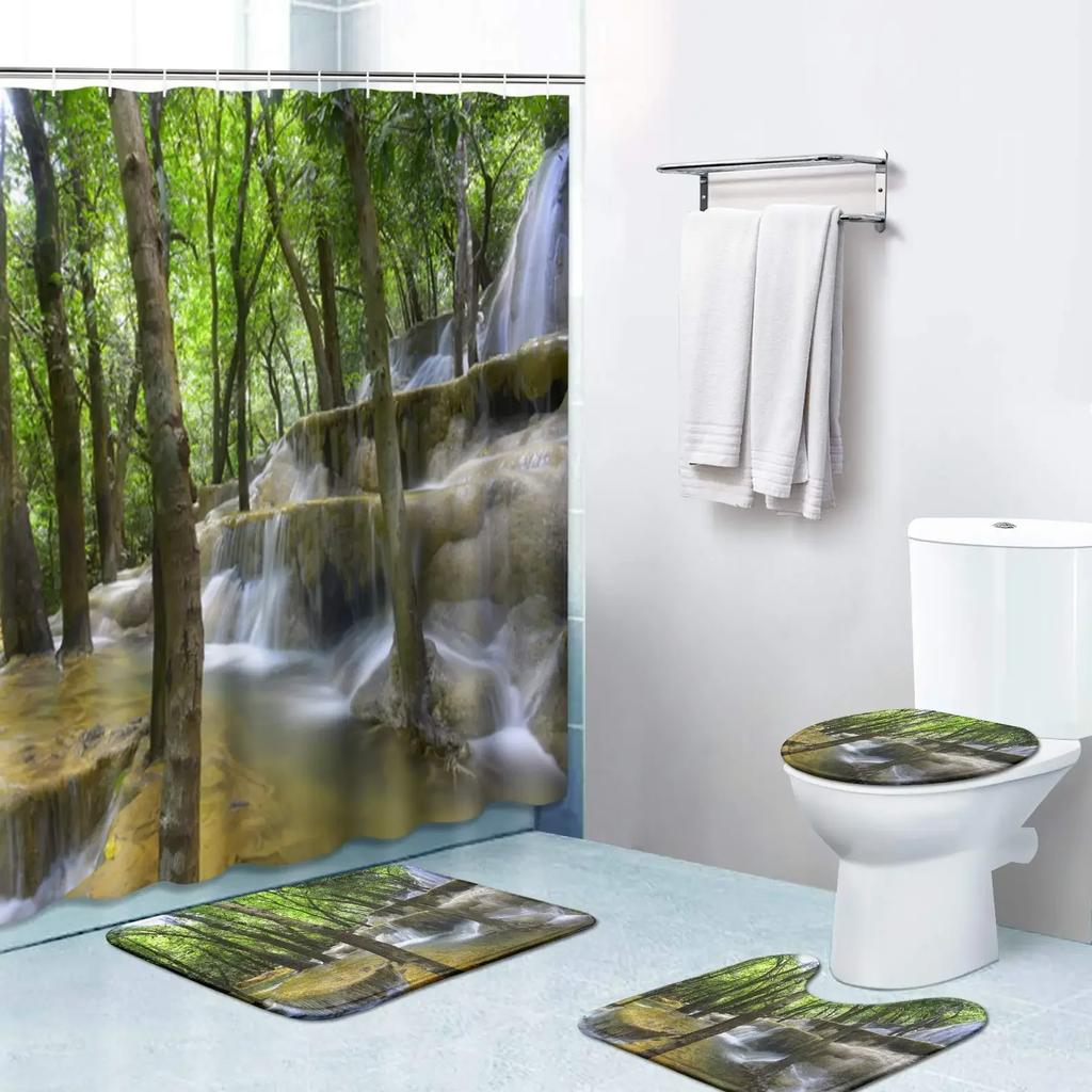 Duschvorhang-Set Naturszenerie Wald Wasserfall Wasserdicht Badezimmer Mit Teppichen Toilettenbezug Badvorleger Haken