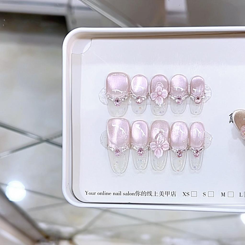 Pure Hand-wearing Armor New Style Like Peach Blossom Hand-carved Pollen Zircon Diamond Cat Eye Nail Art Patch