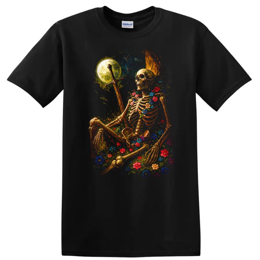 Skeleton Floral Design T Shirt Moonlight Nature Scene w/ Colorful Flowers Tee