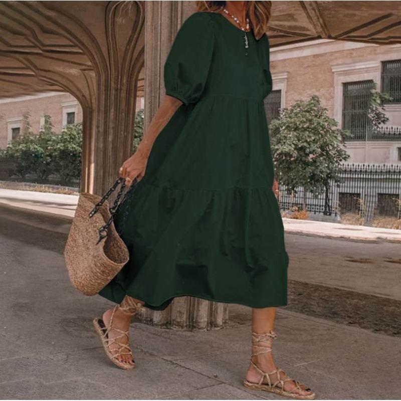 QICED Fashion Summer Spring Solid Color Print Short Sleeve O-Neck Casual Dresses