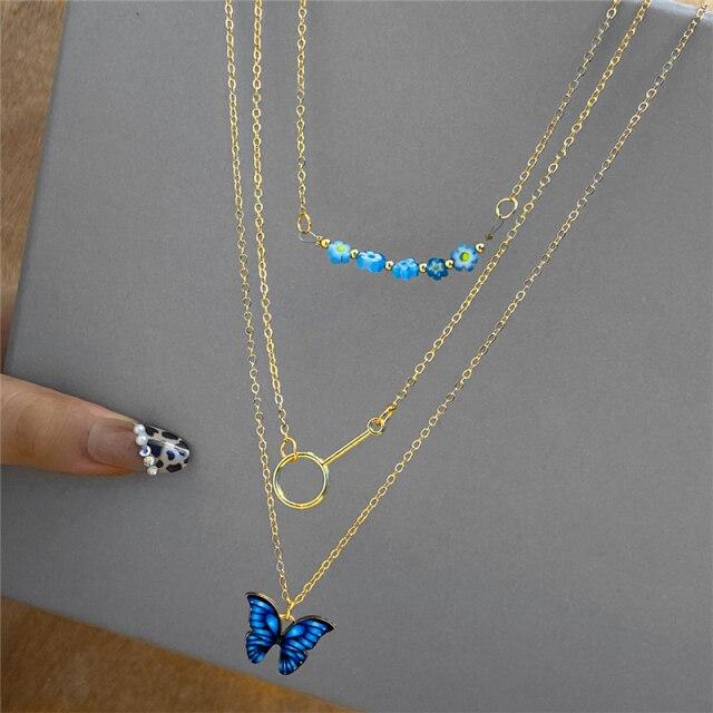 17KM Punk Gold Multilayered Necklace for Women Vintage Silver Color Geometric Round Pendant Necklaces Butterfly Choker Jewelry