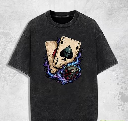

American Retro Tshirt Washed and Durable Machine Shuffling Table and Playing Cards Around Jumping Flames and Dice Tshirts S