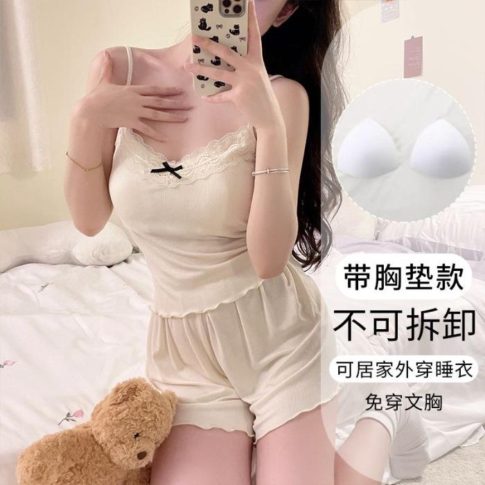

Modal cotton pajamas with chest pads women s suspender shorts summer lace V-neck solid color loungewear set 175(XXL)