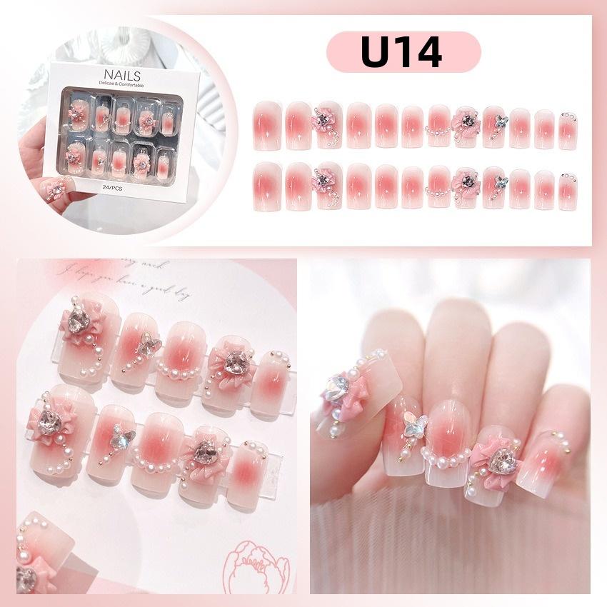 White Blue Color 3D Rabbit Star Rhinestone Designs-Full Cover Acrylic False Nails for Women and Girls Detachable Long Fake Nails