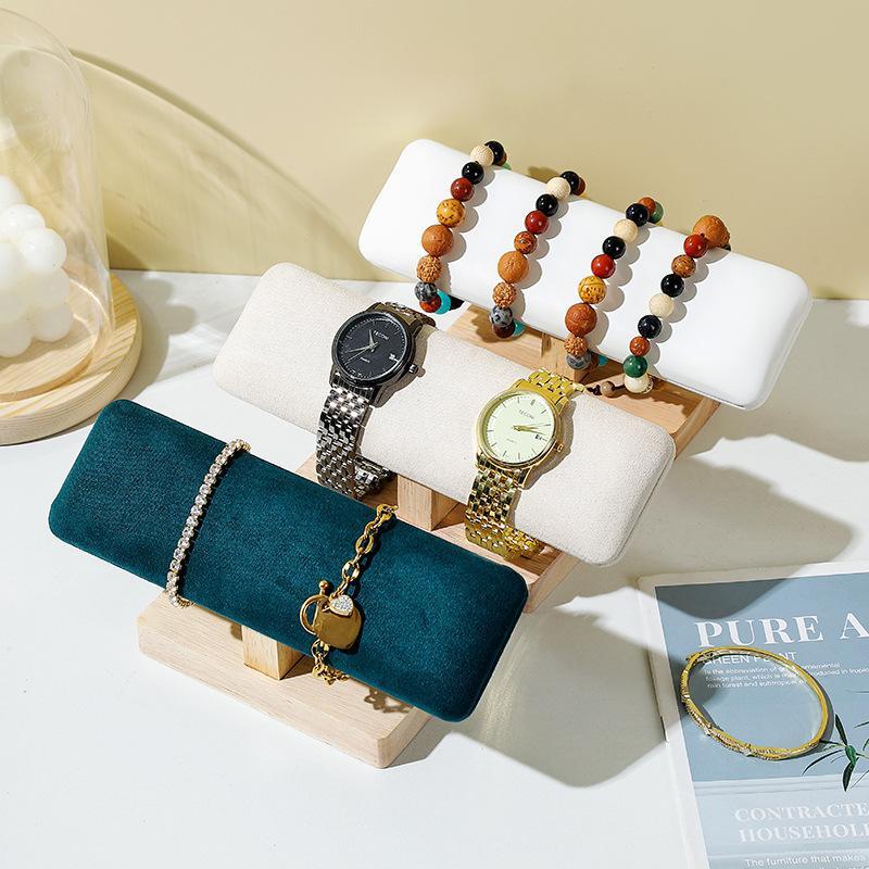 T-Shaped Bracelet Watch Display Rack Wooden Base PU Leather Jewelry Organizer for Retail Store Home Storage