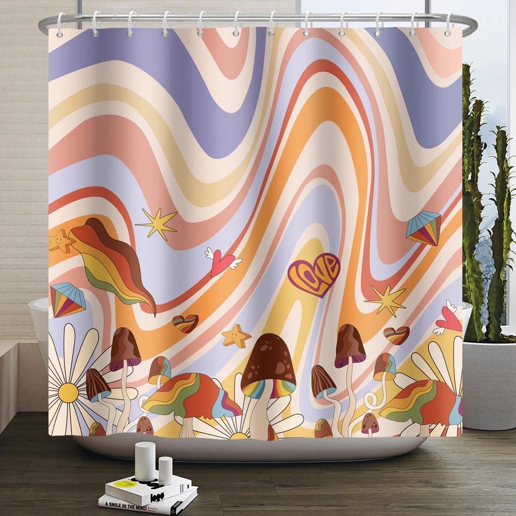 70s Retro Rainbow Shower Curtain Hippy Funky Cartoon Mushroom Floral Bathroom Curtain Polyester Waterproof Fabric Bathtub Screen