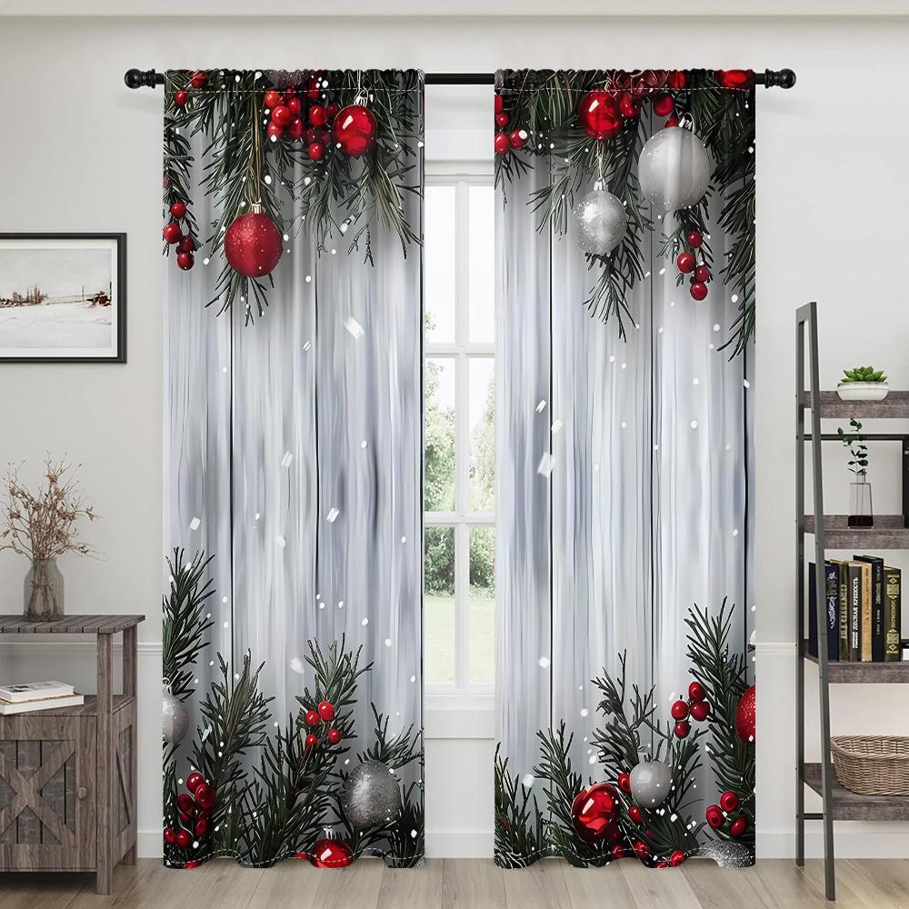 2 Pieces, Christmas Ball Wooden Background Curtains -30% Blackout - Suitable for Living Room, Bedroom, Kitchen, Home Decoration