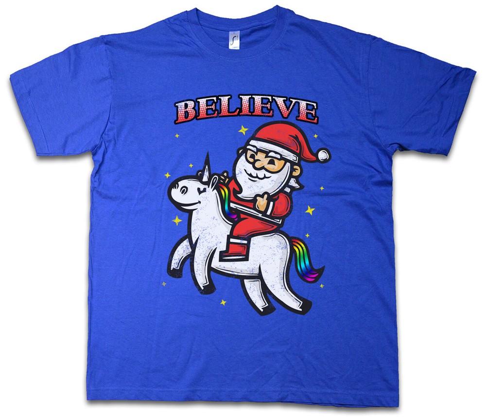 

BELIEVE UNICORN SANTA T-SHIRT Rainbow Fun Fairies Princess Fairytale Clause 2XL