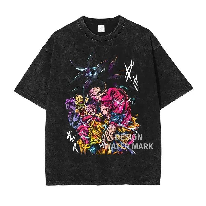Dragon Ball Anime Washed T-Shirt Vintage Goku Vegeta Print Cotton Short Sleeve Loose Fit Men Women Casual Wear