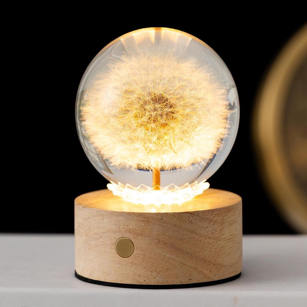 Dandelion Crystal Ball Night Light with 3D Carving and Solid Wood Base