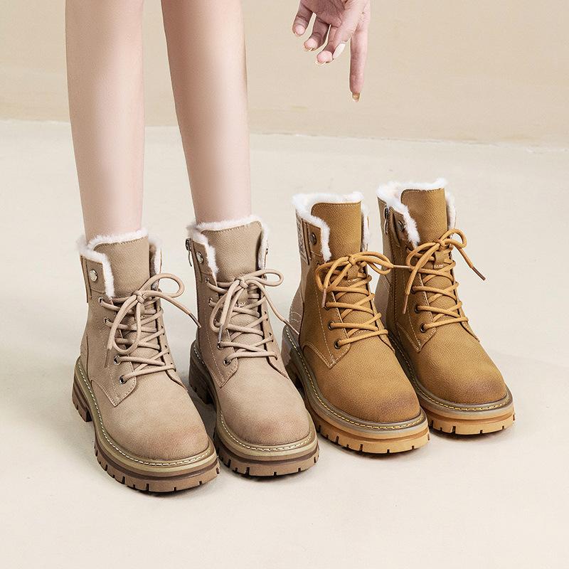 Fleece Martin boots women's autumn and winter new leather thick heel short boots small inner heightening locomotive boots cotton boots