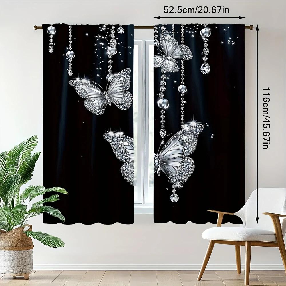 Elegante Vorhänge mit Schmetterlingsdesign in Schwarz und Silberdruck, Tunnelzugdesign, Heimdekoration, Raumdekoration