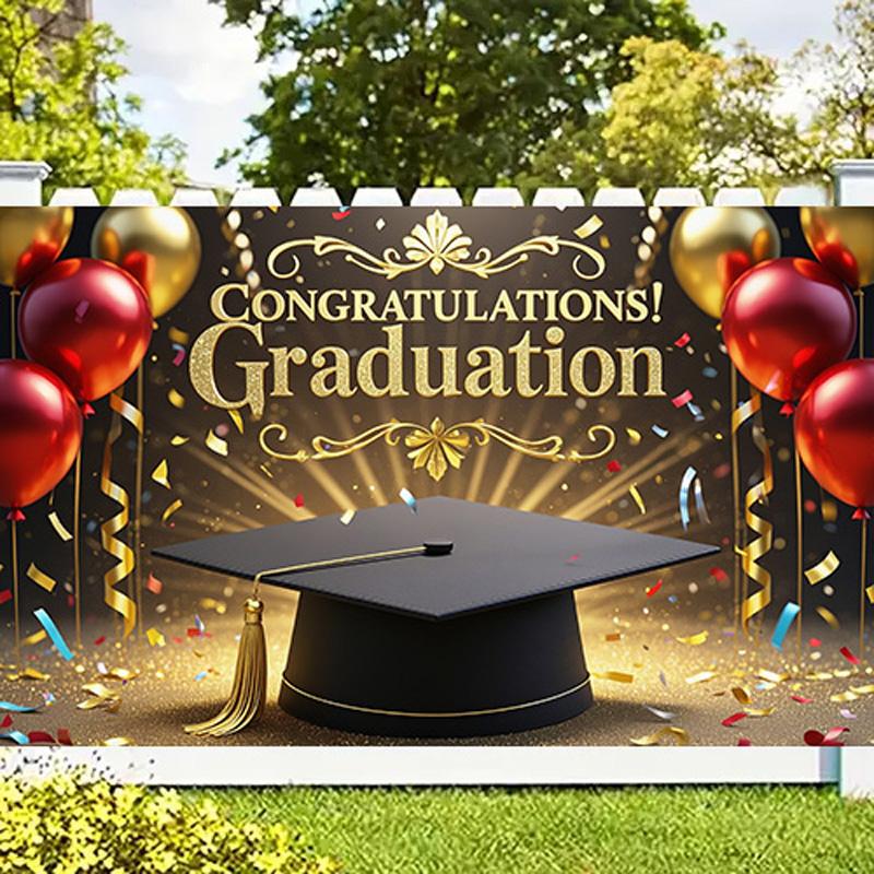 Abschluss-Hintergrund mit "GRADUATION"-Text, Ballons- und Konfetti-Design für Rasen im Freien, Gartenfeiern und Abschluss-Party-Dekor, Abschluss-Dekor