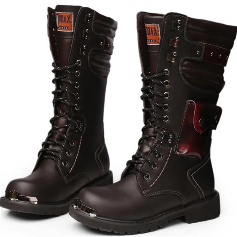 Fashion Size 37 46 Men's Leather Motorcycle Boots Mid-calf Military Combat Boots Gothic Belt Punk Boots Men Shoes Tactical Army Boot