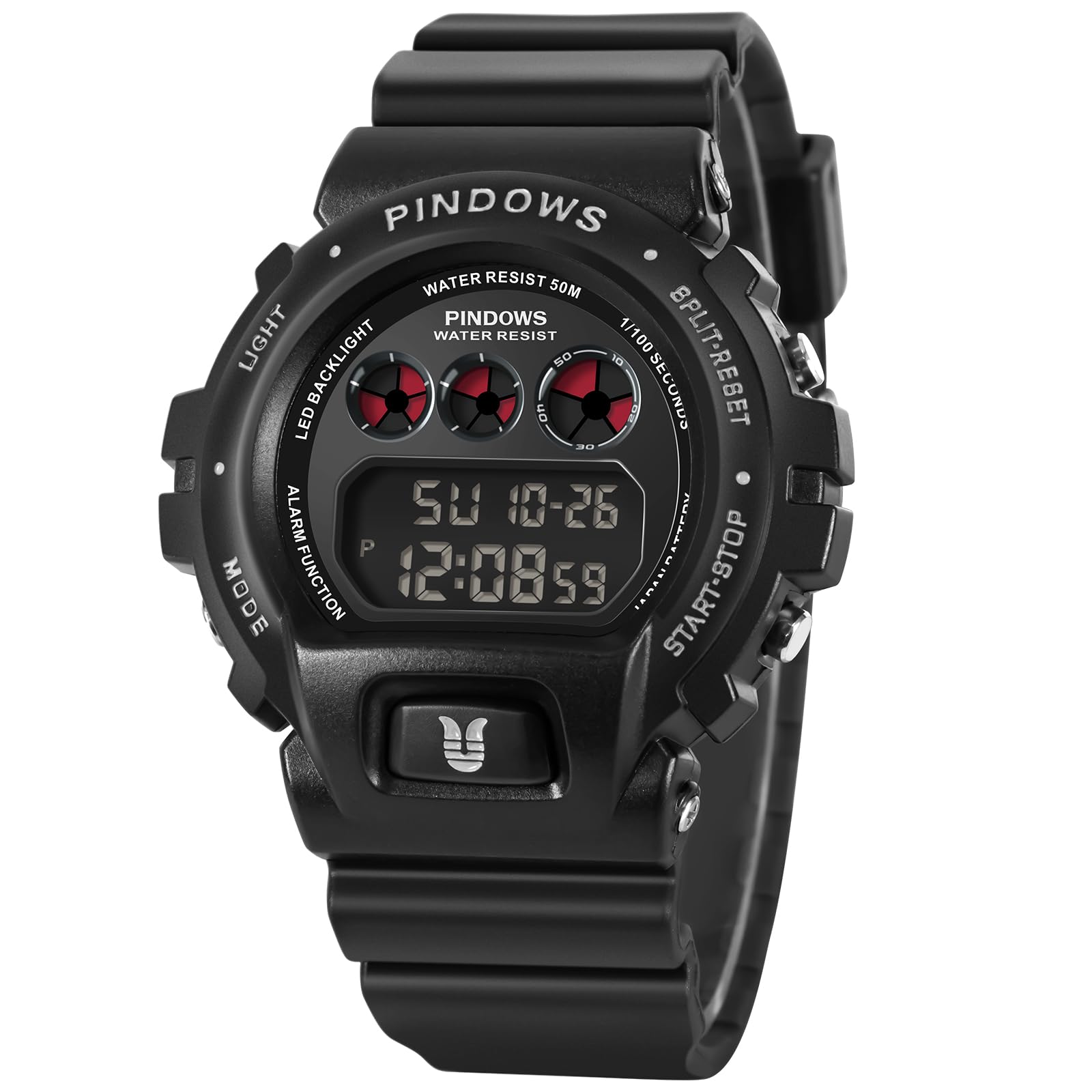 

PINDOWS Men s Digital Sports Watch with Stopwatch, Alarm, and Timer, 50M Water Resistance, LED Backlight, and Multi-Function Men s Tactical Watch