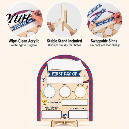 Wooden Message Board for Classroom First Day of School Board, Reusable Erasable Chalkboard Design, Desktop Plate Kids Stable Base Photo Prop