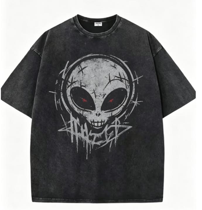 

Retro Alien Print T Shirt Mens Oversized Washed Black Tee Gothic Streetwear Casual Tops S
