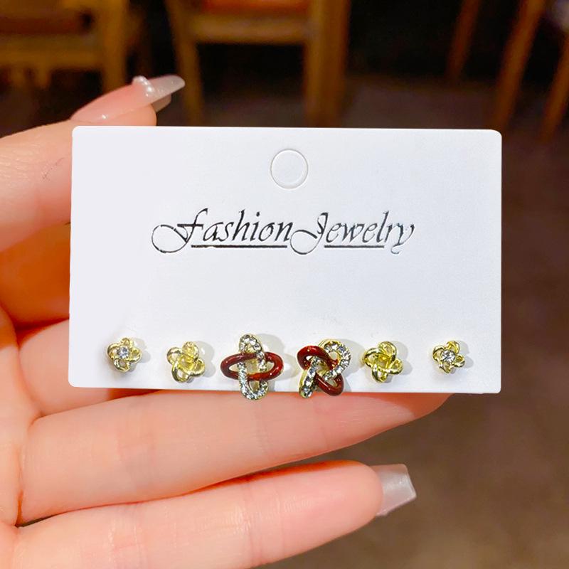 Luxury Geometric Diamond Stud Earrings: Three-Piece Set with Hollow Design for Women