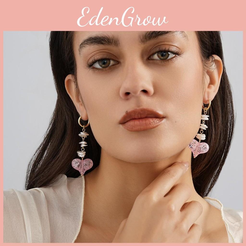 Pink Long Heart Shaped Earrings With Imitation Pearls Adorned For Women Stylish
