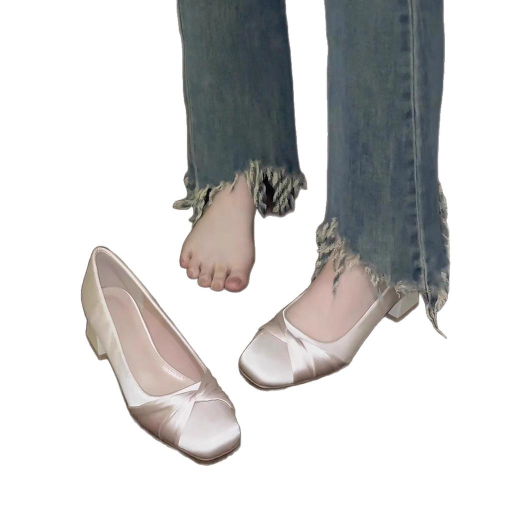 Super Beautiful and Not Tired Bridesmaid Shoes Can Be Worn Daily with Skirts, Light Mouth French Gentle Wind High Heel Single Shoes, Apricot Micro