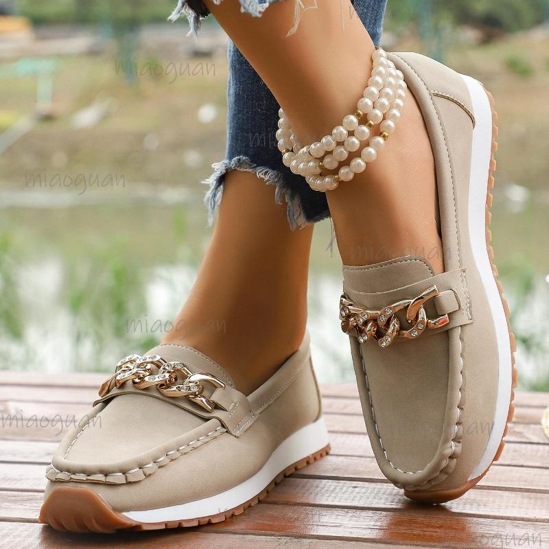 Soft Sole Slip-on Women's Loafers Fashion Chain Decors Anti-slip Casual Shoes for Women Office Ladies Comfortable Flat Footwear