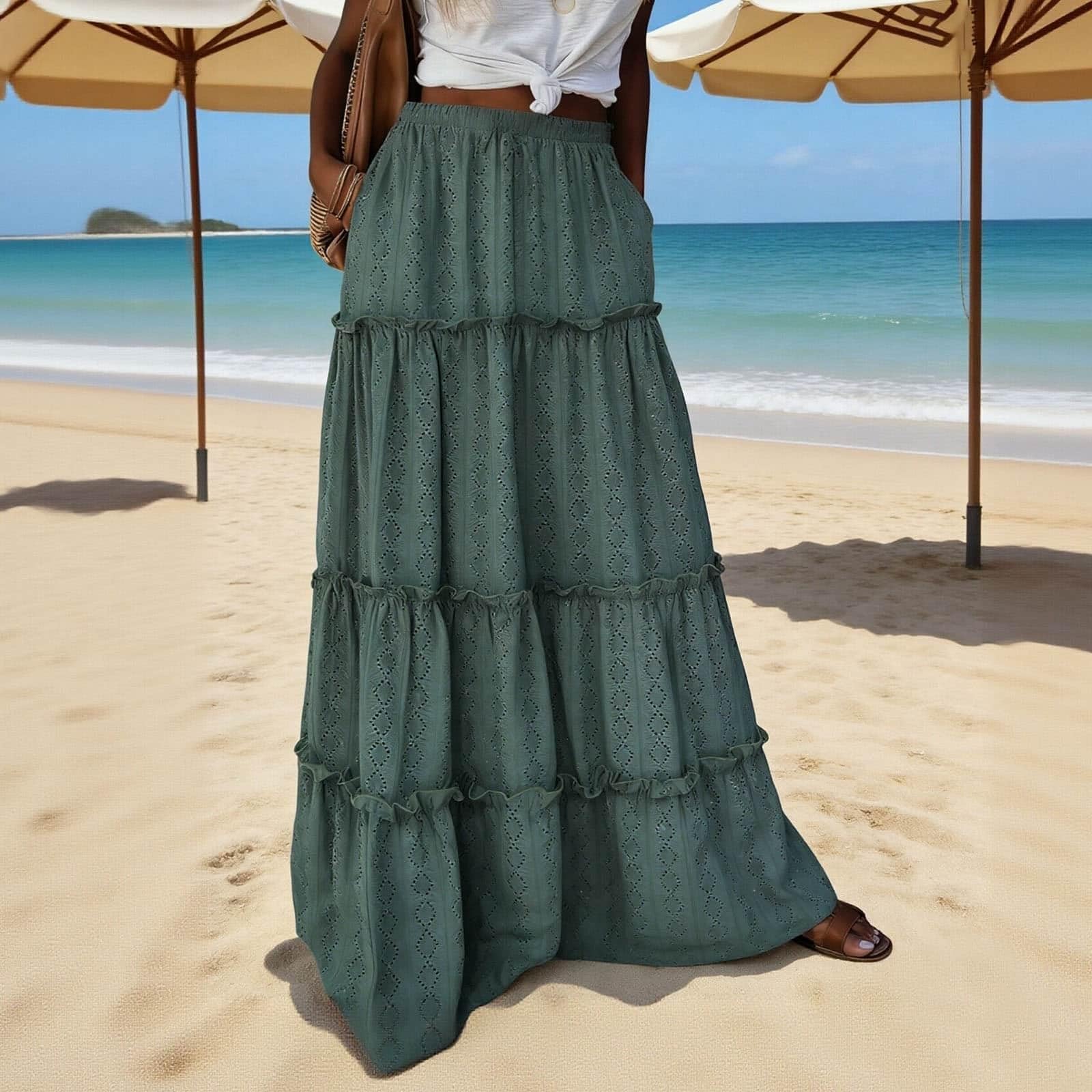 Women’s Tiered Maxi Skirt High Waist Eyelet Embroidered Long Skirt Elastic Waistband Flowy A Line Casual Skirt S