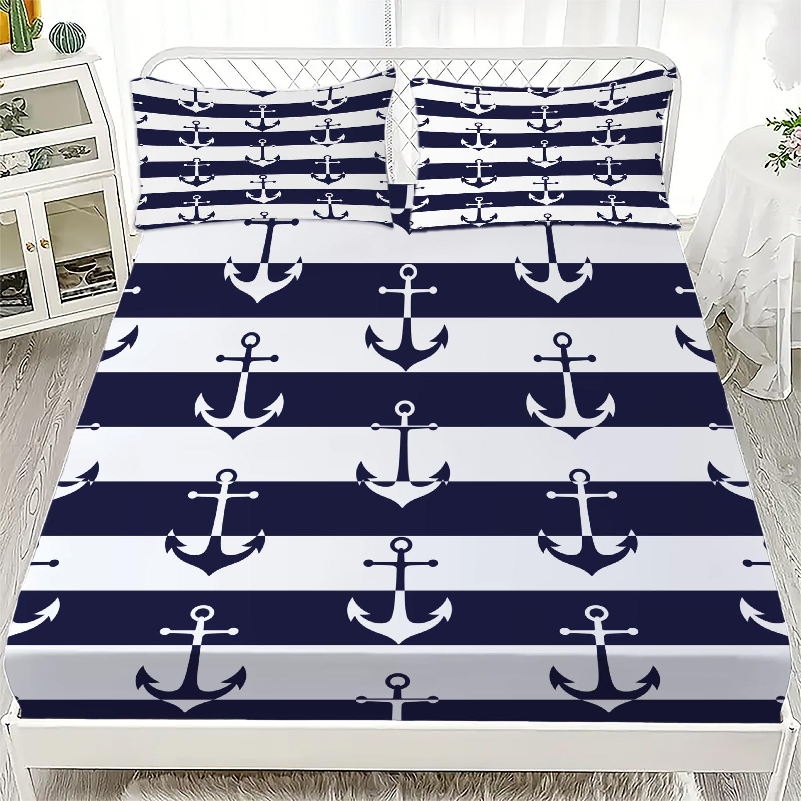 

New Nautical Ocean Anchor Bedding Sets Ocean Spirit Fitted Sheet Queen Single Size Bed Linen with Pillowcase Teens Boys Gift 90x200cmx25