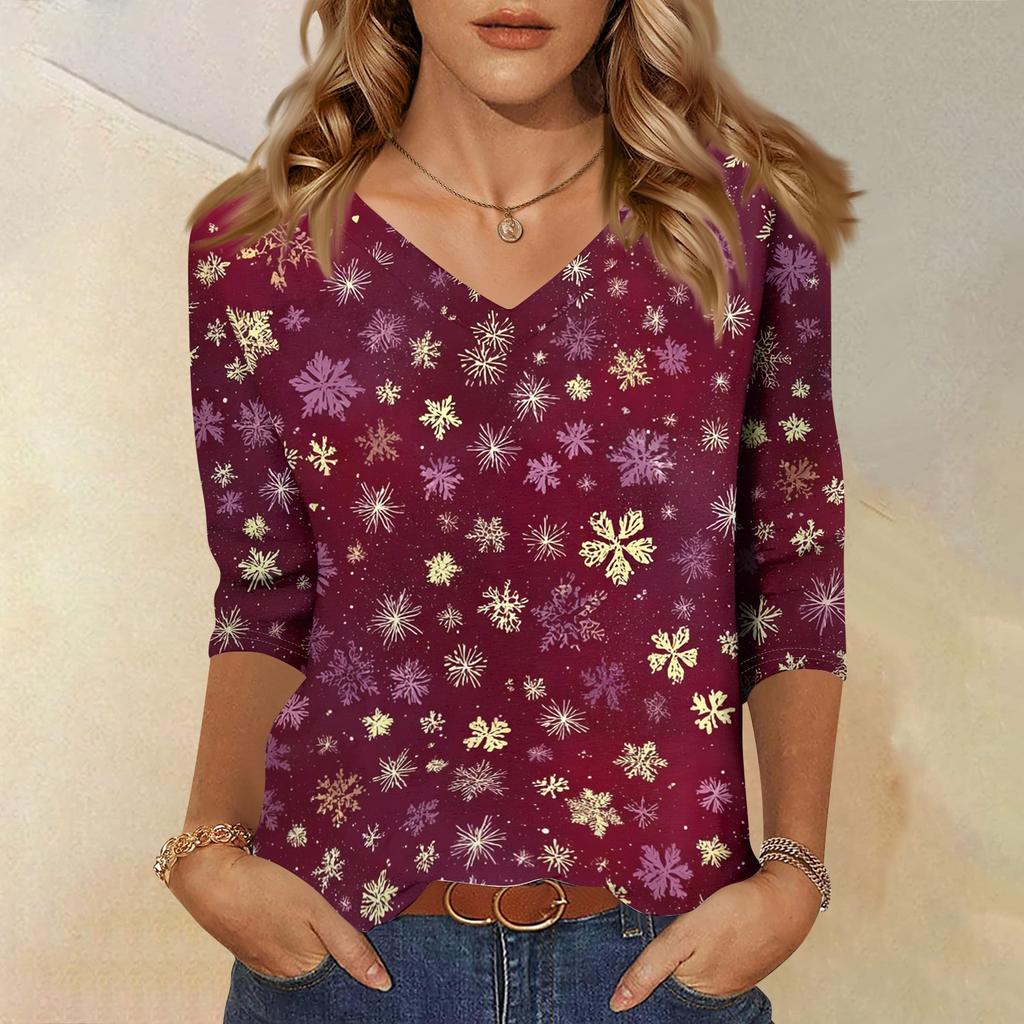 Women's Casual Christmas Print V-Neck Three-Quarter Sleeve Loose Fit Blouse for Holiday Party
