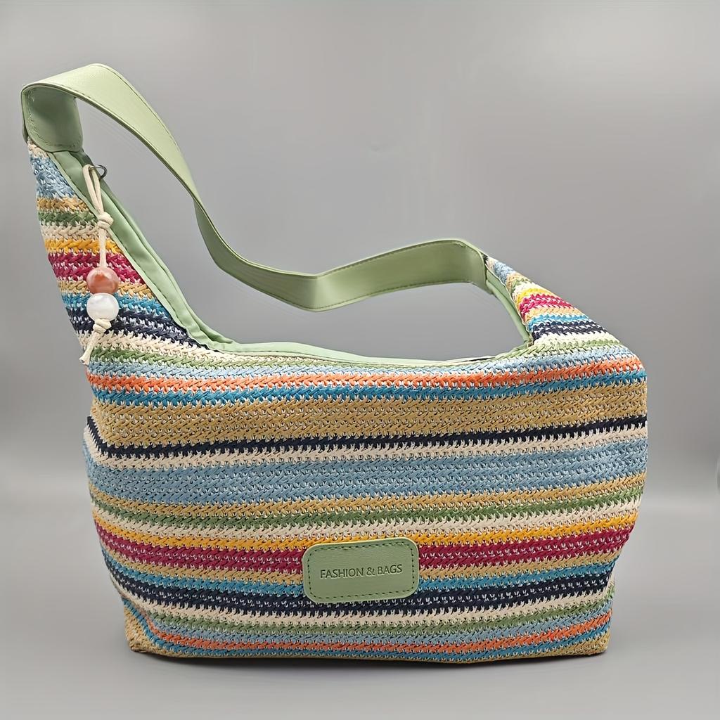 Bohemian Multicolored Striped Handbag with Tassel Decoration  A Lightweight Beach Bag Suitable for Travel, Vacation, and Leisure