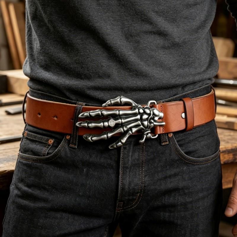 Western Cowboy Skull Hand Rose Embossed Belt Men Women Jeans Dresses