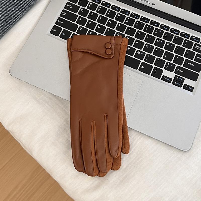 

New leather gloves winter women s velvet thickened warm windproof cold outdoor riding driving five fingers One size верблюд
