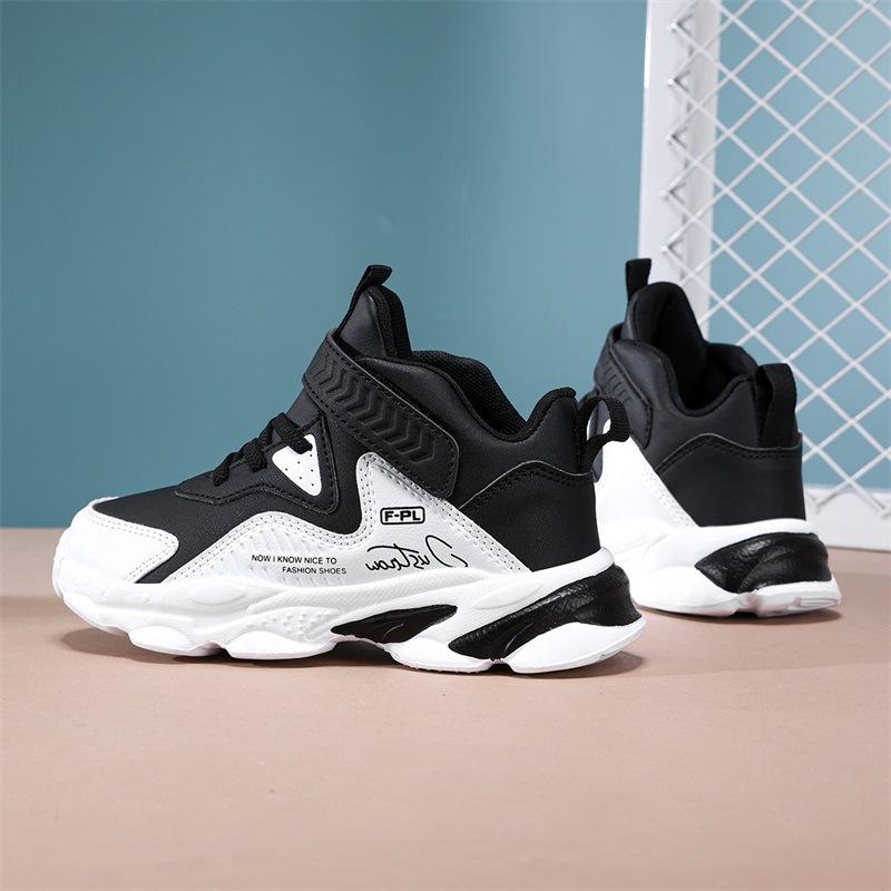 Cross-border children's shoes boys' sneakers 2024 autumn new leather waterproof medium and large boys wear-resistant basketball shoes