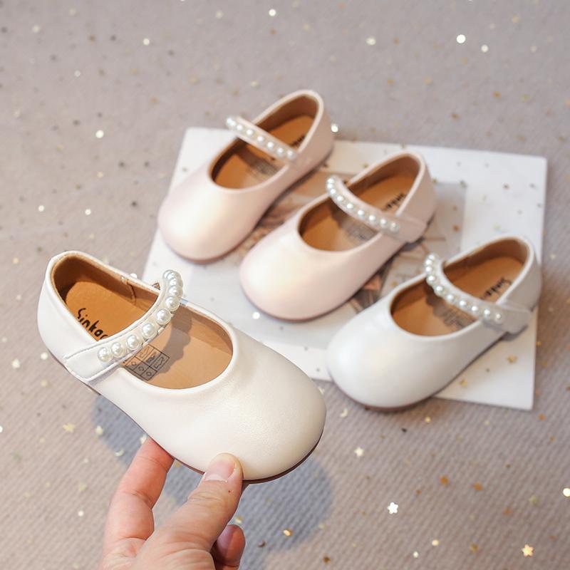 Chaussures en Cuir pour Petites Filles Souples Mary Janes pour Enfants avec Perles Perlé Chic Princesse Doux Simples Ballerines pour Enfants Blanches pour Mariage