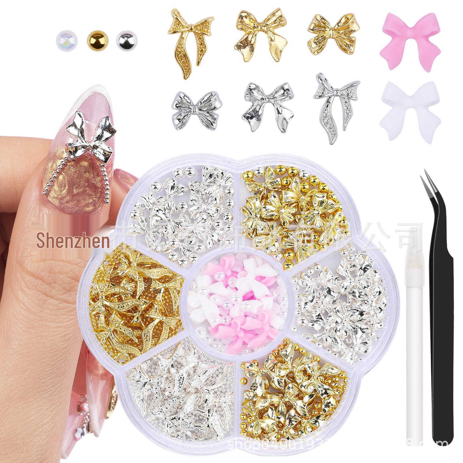 2026 Trendy Nail Art Rhinestones: Mixed Styles Metal Bow, Flat-Backed, Seven-Grids Nail Decorations