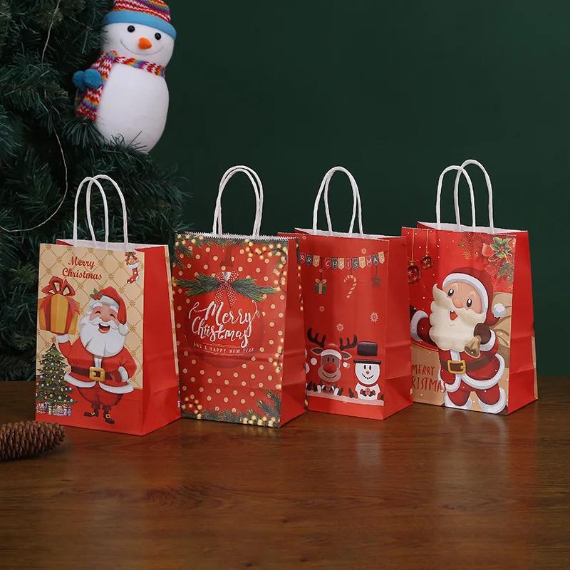 10PCS Santa Claus Snowman Kraft Paper Bags Xmas Party Decor Candy Gift Handle Pakcaging Bag New Year Eve Merry Christmas Supplie