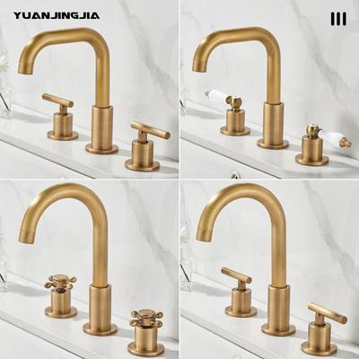 Grifo de Lavabo Europeo Retro de Latón con Tres Agujeros y Dobles Manijas Separadas para Agua Caliente y Fría