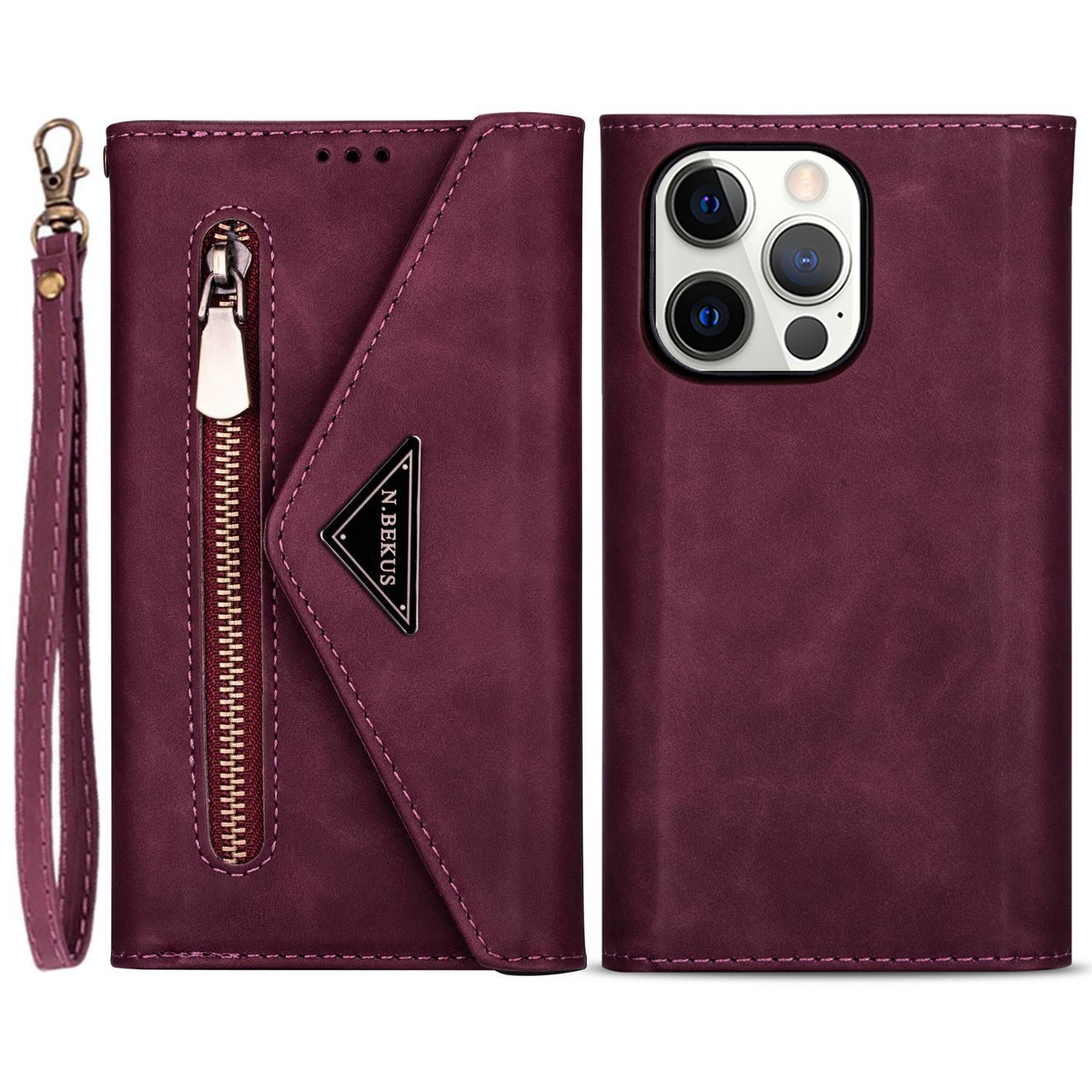 

N.BEKUS For iPhone 16 Pro Cases Skin-Touch Leather Wallet Phone Cover with Straps Wine Red