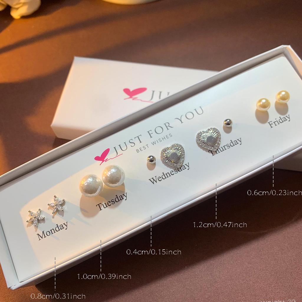 Weekly Earring Set: Flower Zircon Studs, Simple Ear Cuffs, Pearl Tassel French Earrings - 5 Pairs