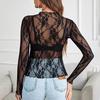Women Tops Mock Collar Long Sleeve Slim Fit Blouses Sexy See-through Floral Embroidered Lace Mesh Shirt