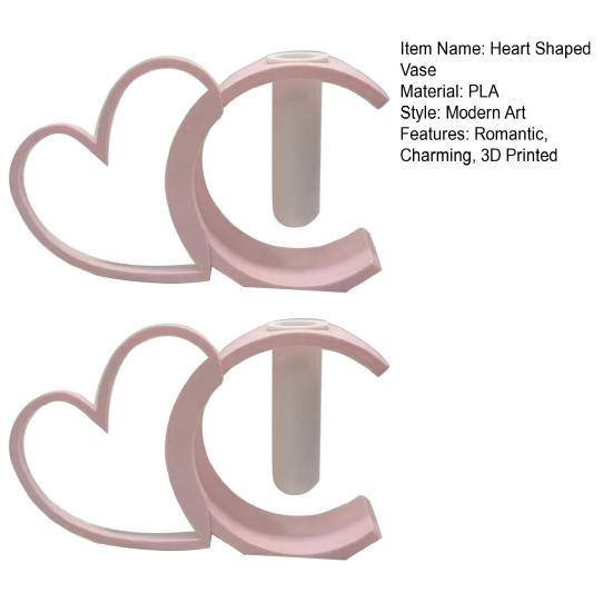 2 Pcs Valentine's Day Heart Vase 3D Printed Pink Heart Shaped Flower Vase Small Decorative Vase for Wedding Party Living Room Shelf Table Centerpiece