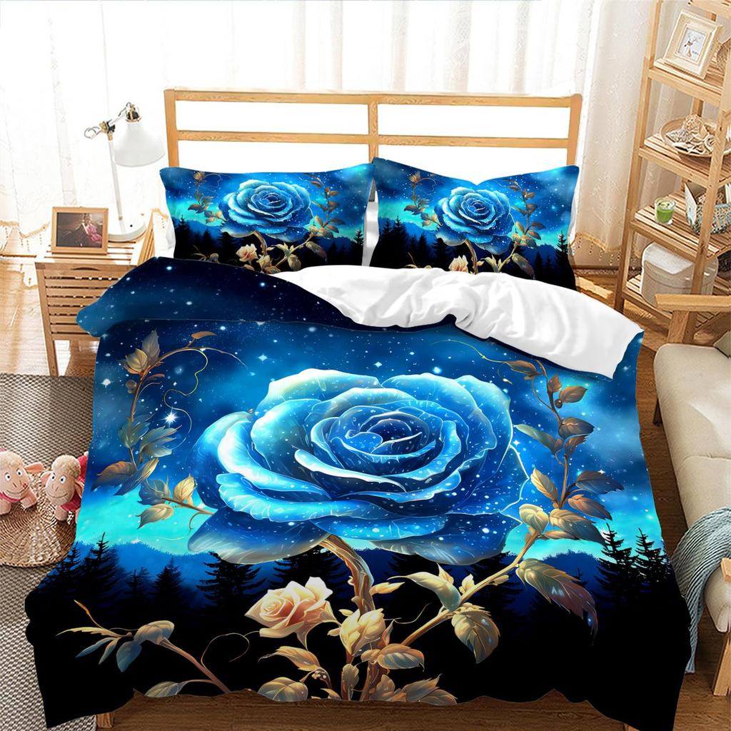 Blue Rose Digital Printed Duvet Set Three-Piece Valentine'S Day Gift Suitable For Bedroom Decoration Bedding