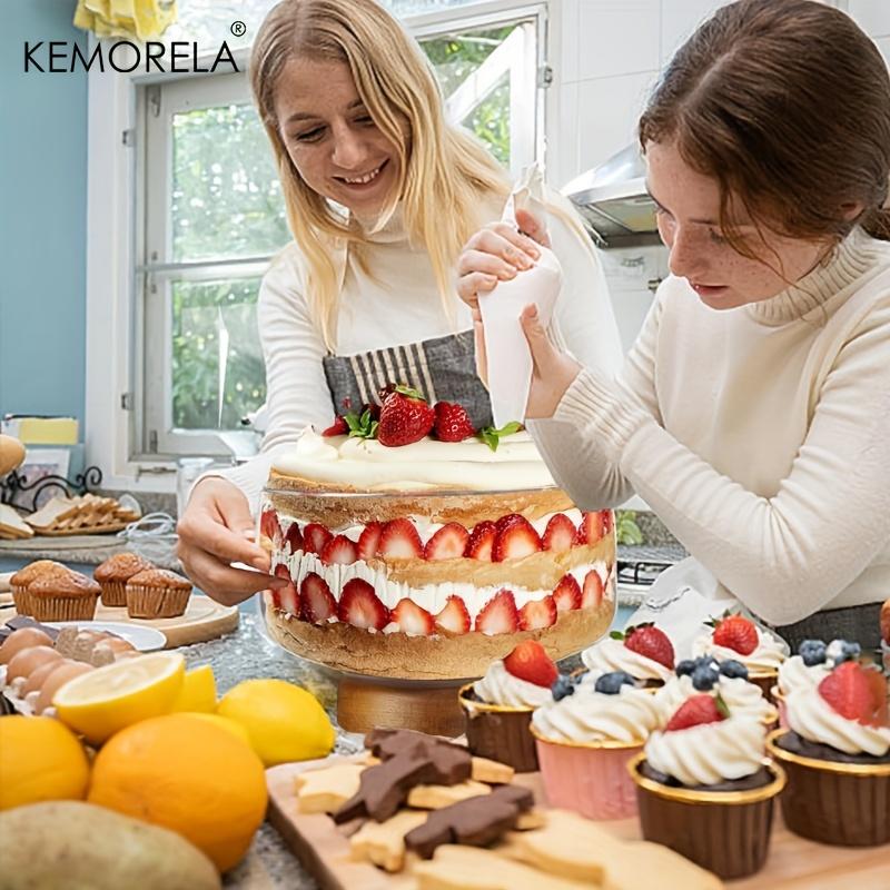 KEMORELA Velká skleněná mísa na dort, elegantní dřevěný stojan, všestranný servírovací tác na dorty, saláty, dezerty - odolný, snadno se čistí