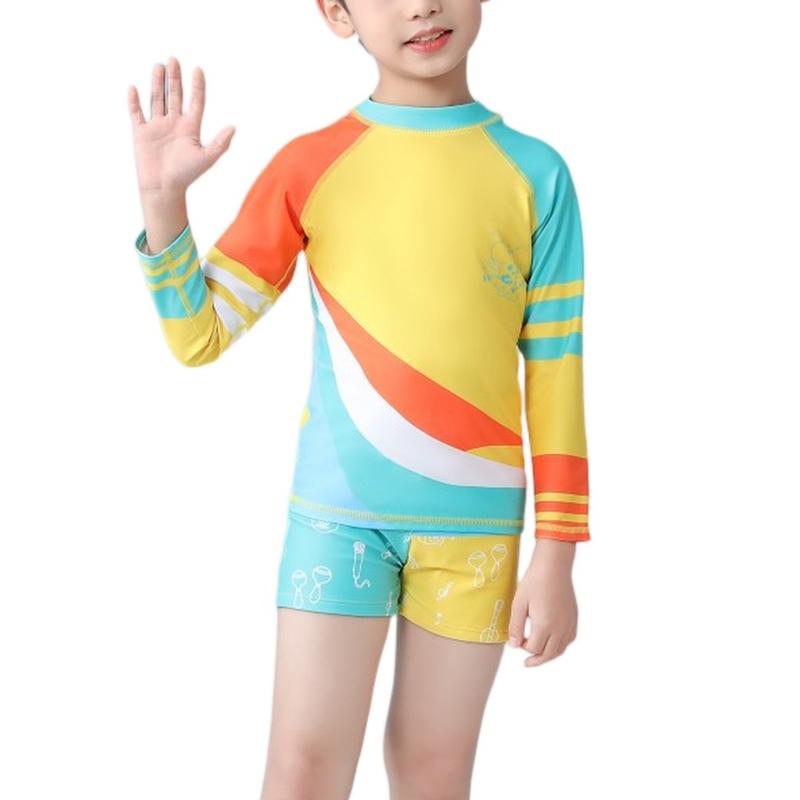 Boys Three Piece Swimwear Set Long Sleeve Rash Guard Swim Shirt Swim Shorts and Swim Cap Cartoon Print Lightweight Quick Dry