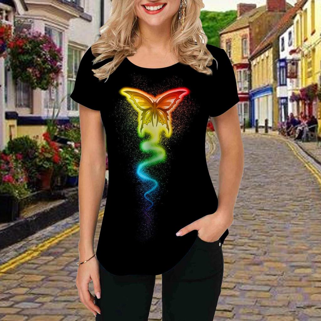 Fashion Women Long Winged Butterfly Print T Shirt Funny Casual O-neck Short Sleeves T-shirt Summer Female Tee Shirt