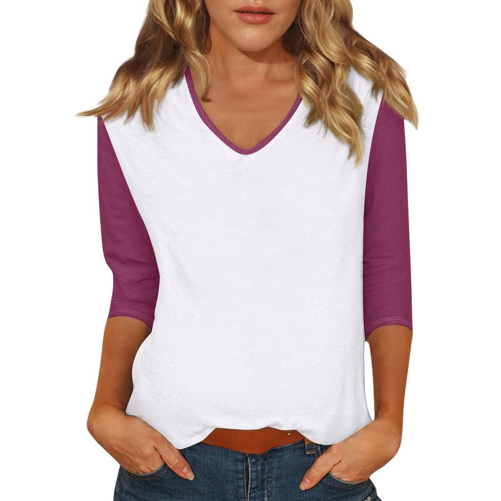 Women's Casual Fashion Sexy Comfortable V-neck Stitching Color Three-quarter Sleeve Top