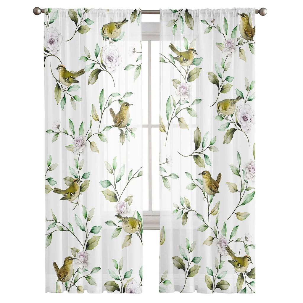 Plants Flowers Watercolor Birds Tulle Curtains for Living Room Sheer Curtain for Bedroom Kitchen Blinds Voile Curtains