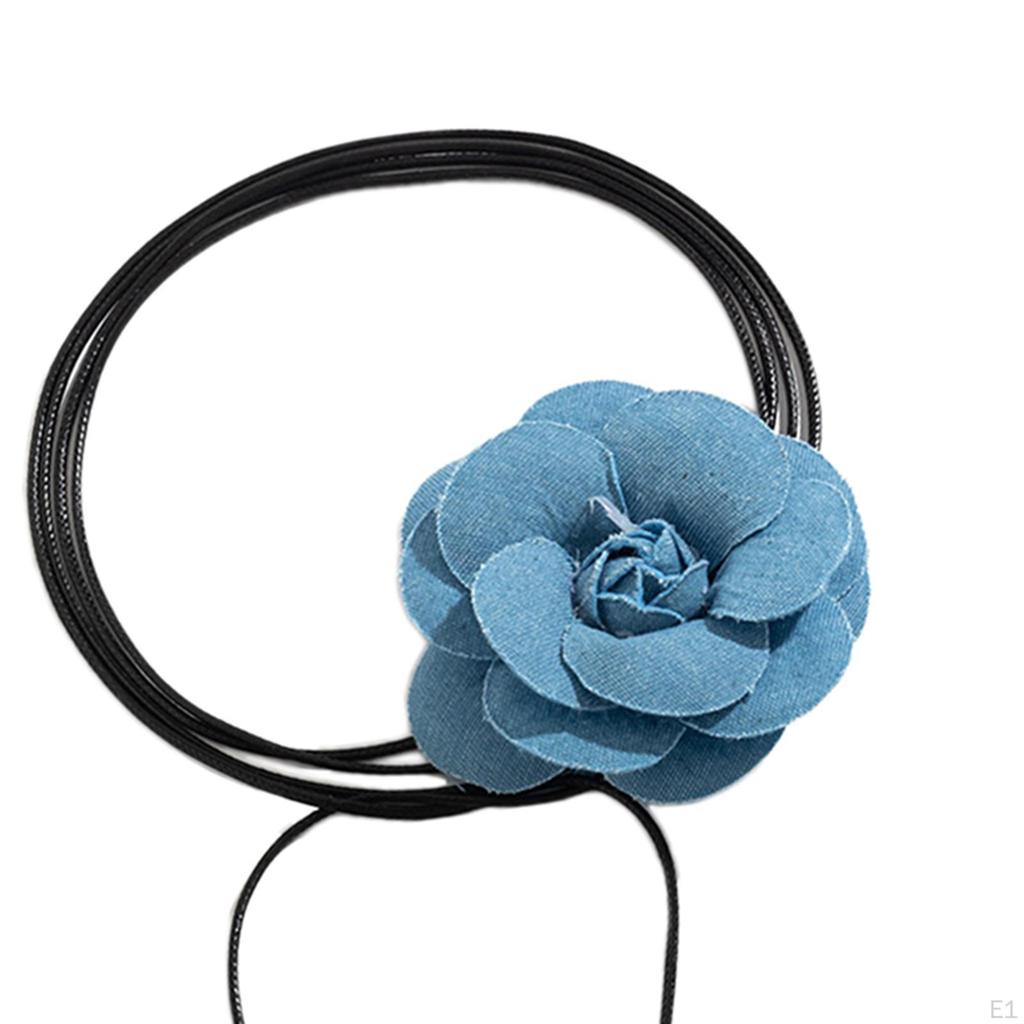 Big Flower Choker Necklace Vintage Style, Denim Large Neck