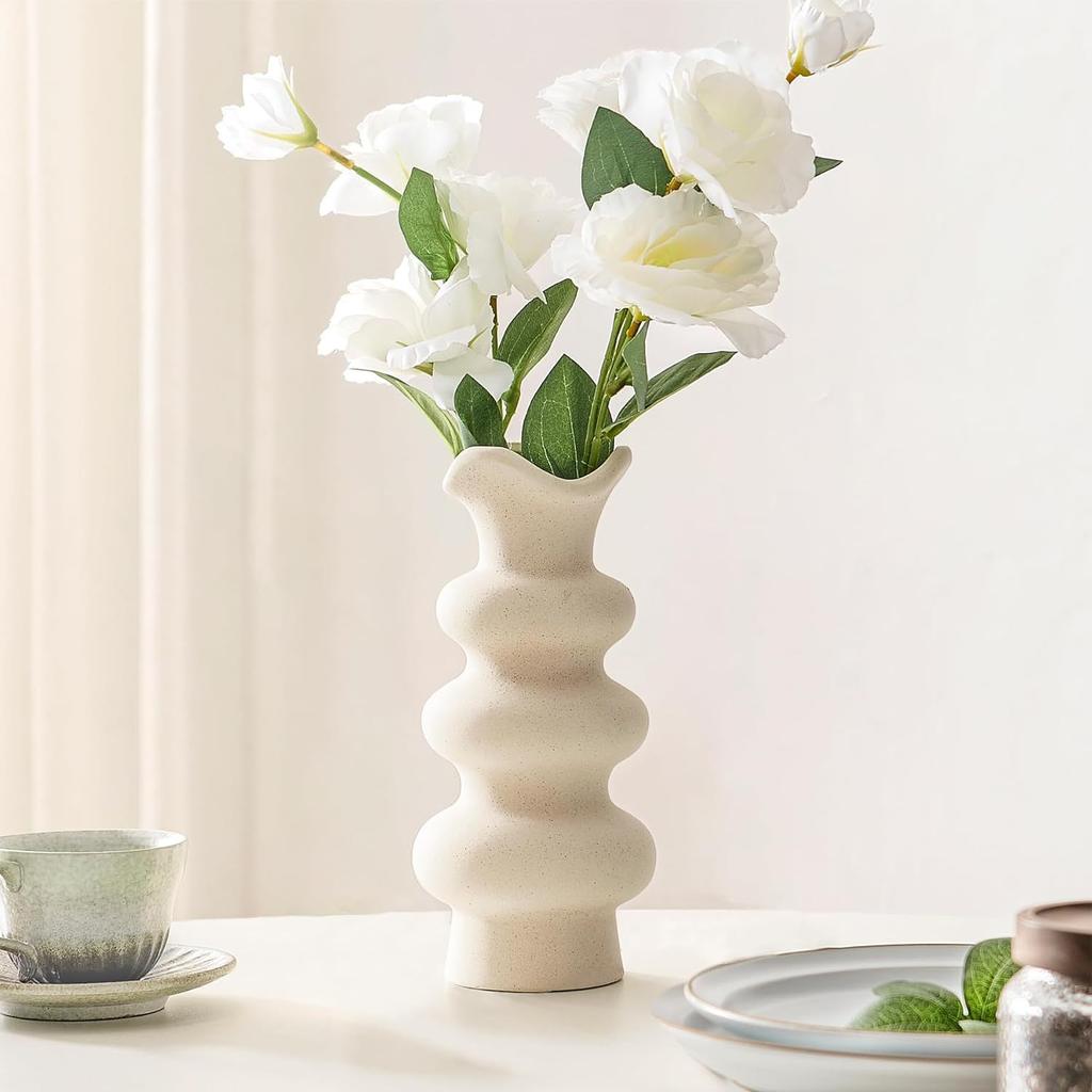 2pcs Modern Decorative White Ceramic Vases for Home Decor, Abstract Minimalist Vase for Pampas Grass, Boho Flower Vase, Aesthetic Cream Vase