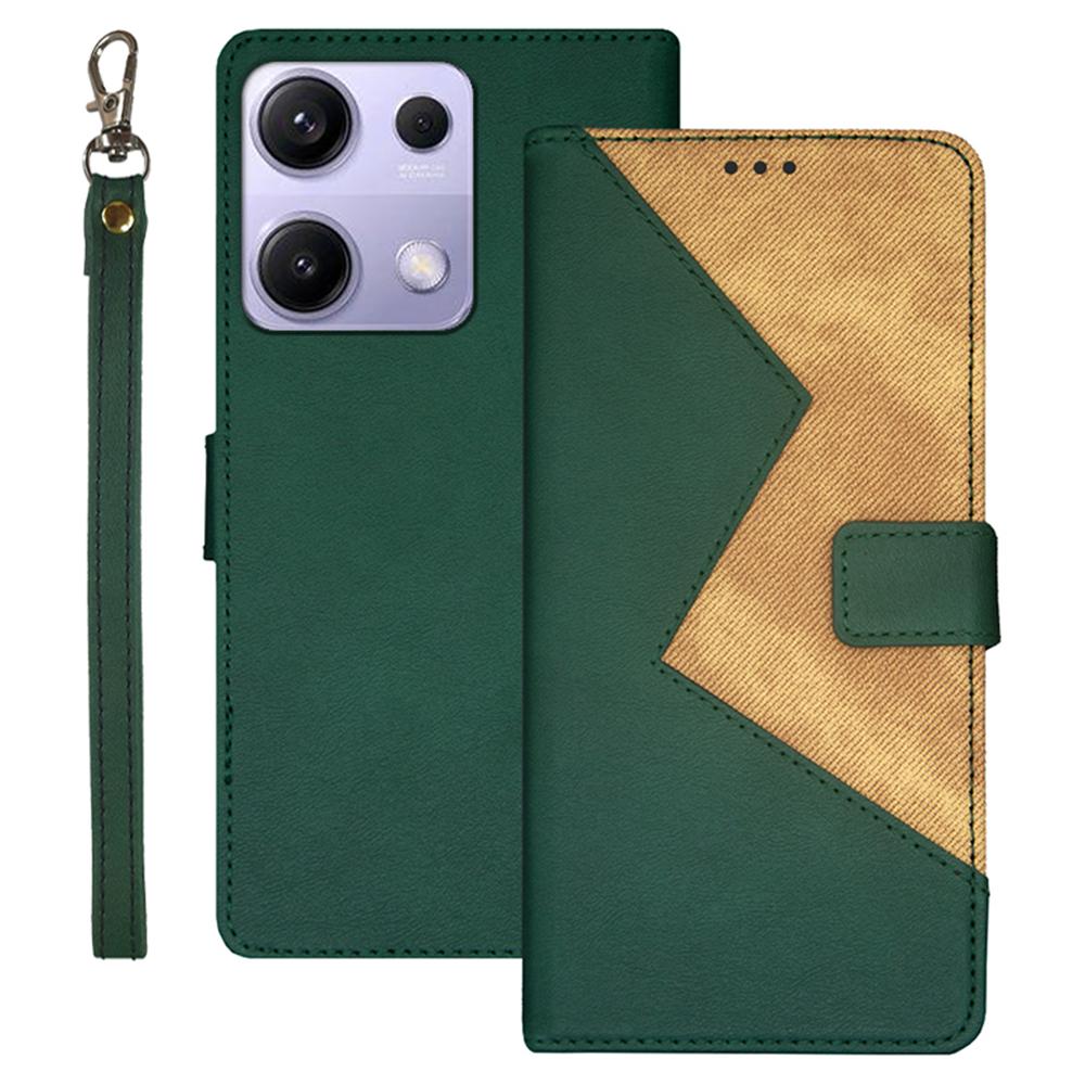 

IDEWEI For Xiaomi Redmi Note 14S 4G Case Card Slots Splicing Color Leather Phone Cover with Wrist Strap Green